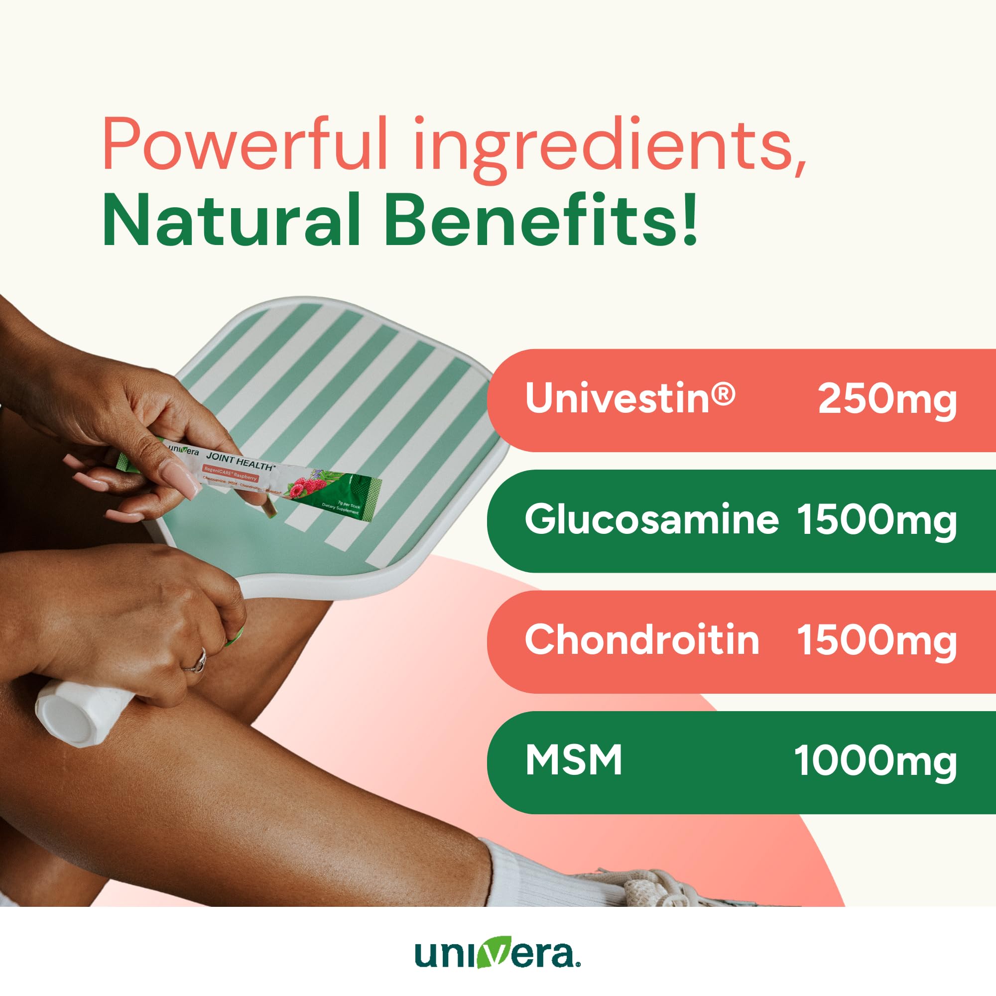 Univera joint-support powder ready to mix into a beverage.