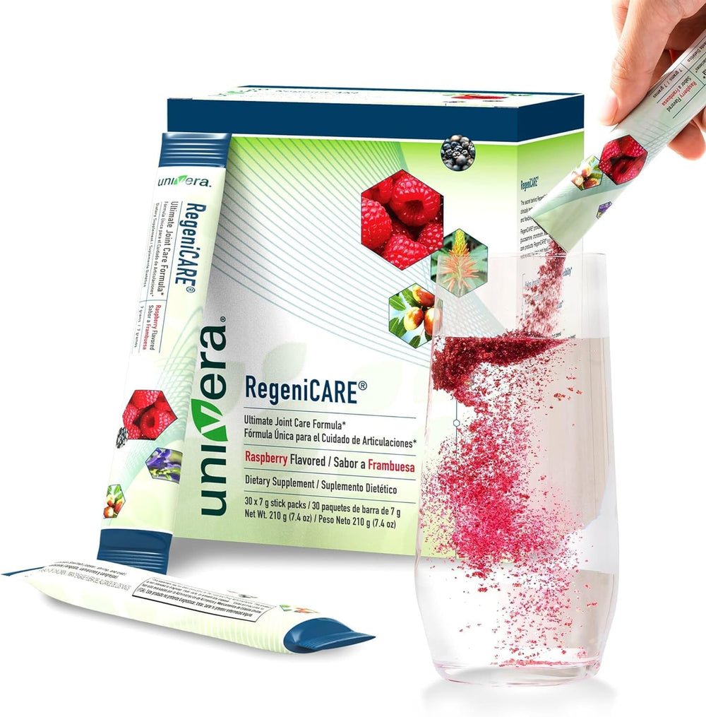 Univera raspberry-flavor stick pack for easy daily joint support.