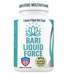 Universal Body Labs Bari Liquid Force One a Day bottle front with rapid-absorption gel caps for bariatric recovery