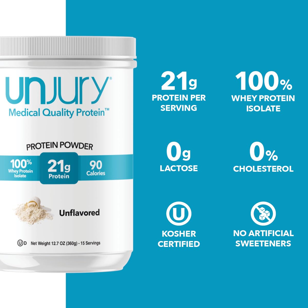 Unjury unflavored protein powder bag label highlighting gluten-free and kosher