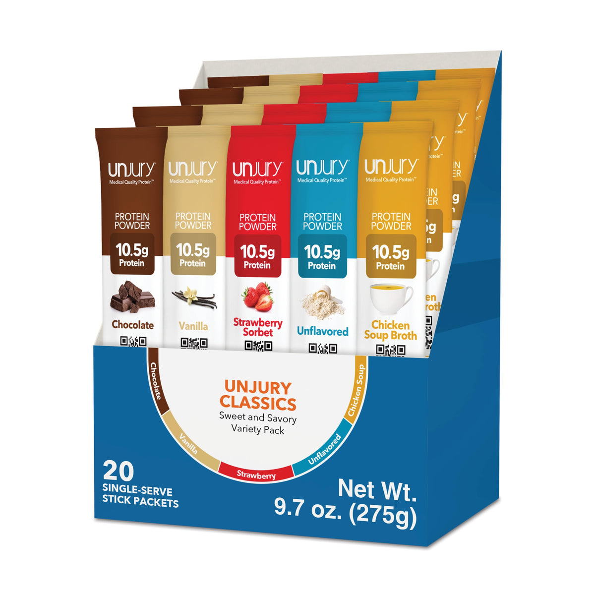 Unjury Variety stick packs in a box, convenient on-the-go protein for active days.