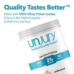Unjury whey isolate powder pouring into shaker for smooth mixes