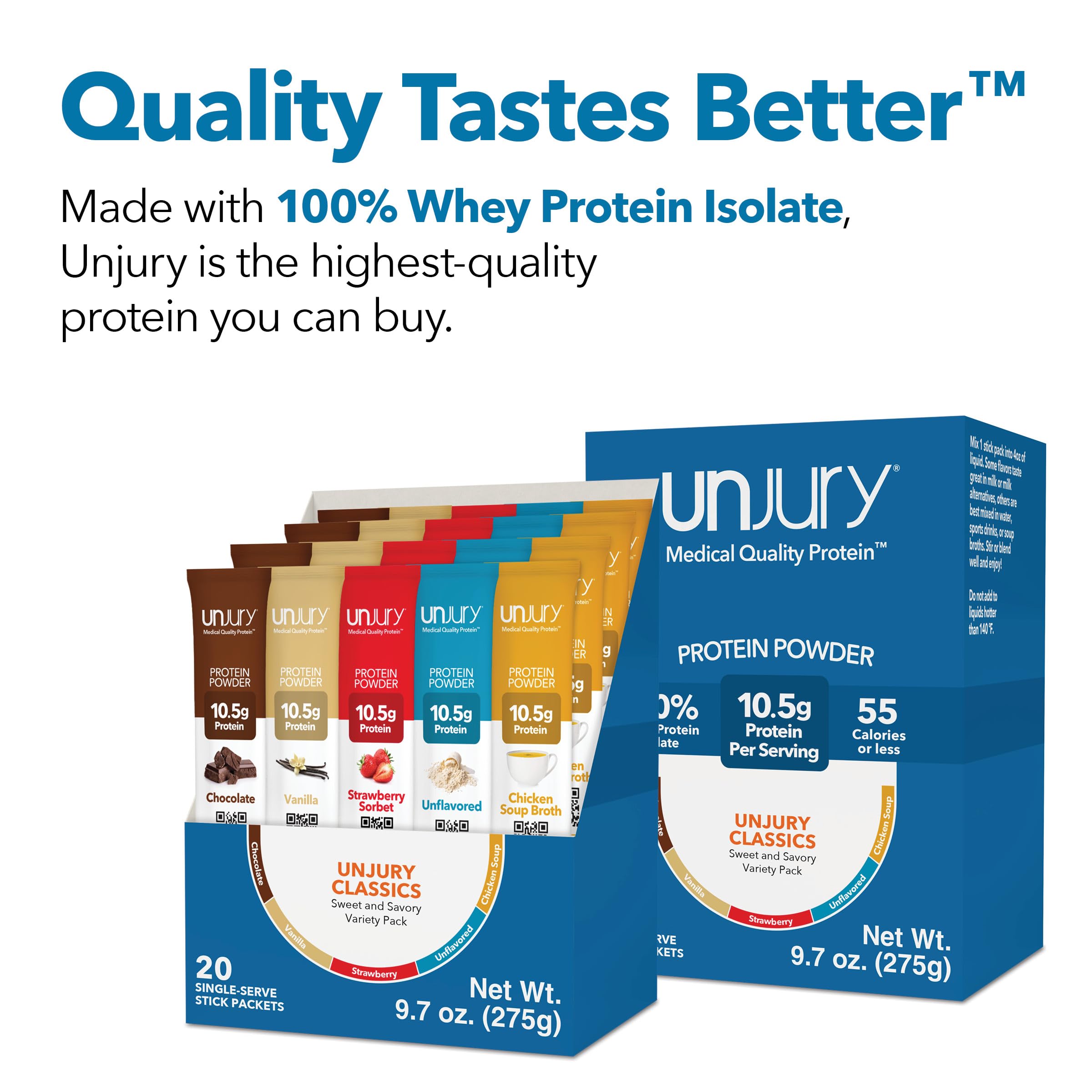 Unjury whey protein isolate ingredient listing shows lactose-free, gluten-free, kosher quality for sensitive diets.