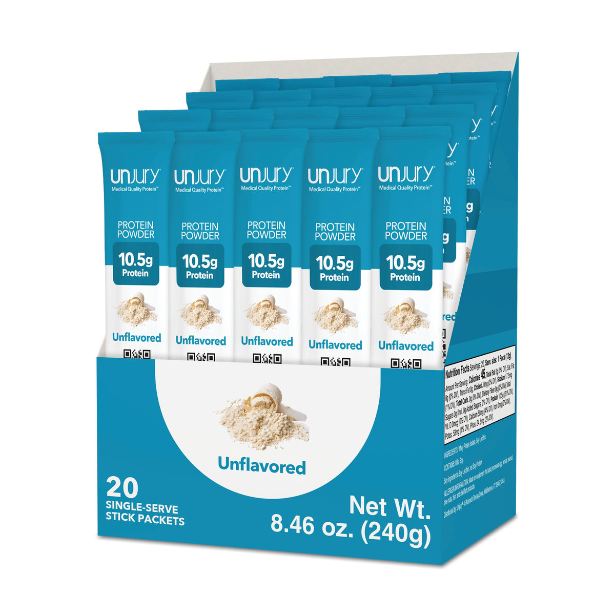 Unjury whey protein stick unflavored 20-pack for easy on-the-go protein.