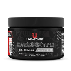 Unmatched CreGAAtine optimized creatine bottle highlighting enhanced workout support.