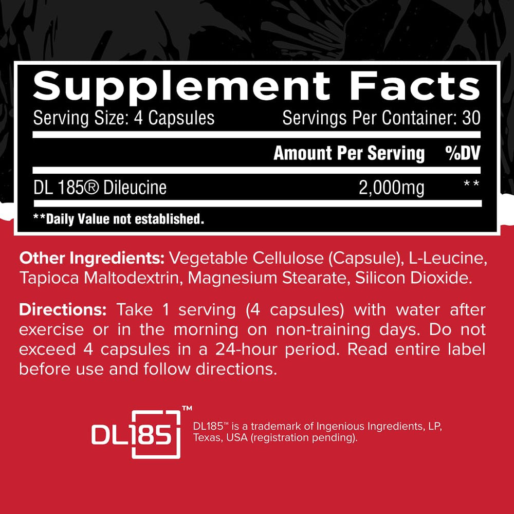 Unmatched Dileucine bottle back view with dosage and label details.