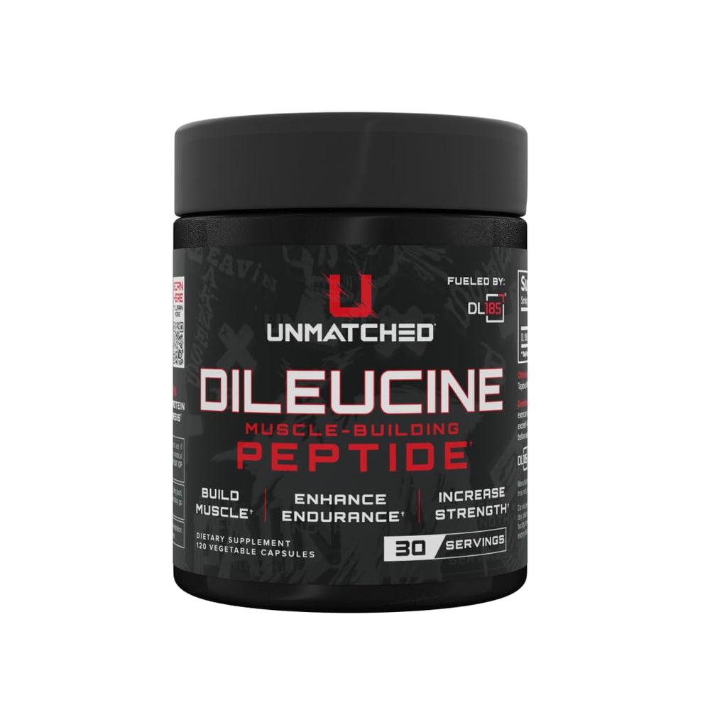 Unmatched Dileucine bottle front view; DL185 formula and 120 capsules.