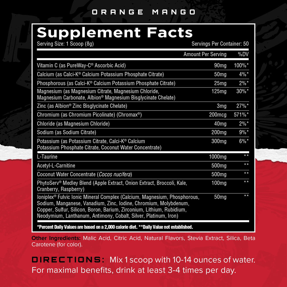 Unmatched Electrashred powder tub ready to mix orange mango flavor.