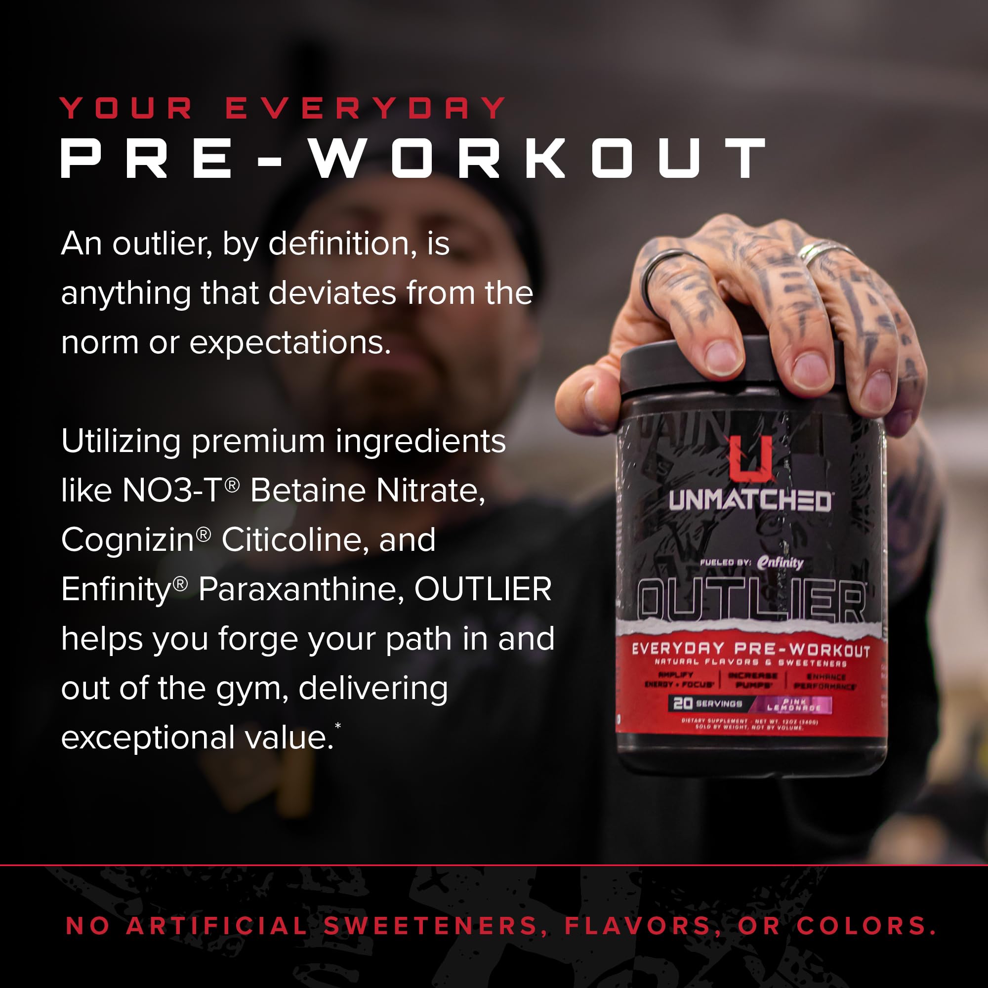 Unmatched Outlier pre-workout mixed beverage conveying smooth energy.