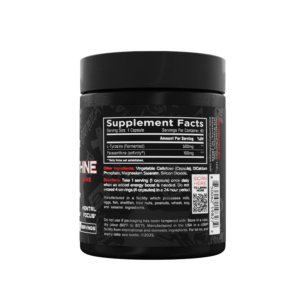 Unmatched Paraxanthine serving with measuring tool suggests controlled dosing for consistency.