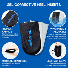 Stacked Unribeau heel layers illustrate customizable elevation for supination and pronation correction.