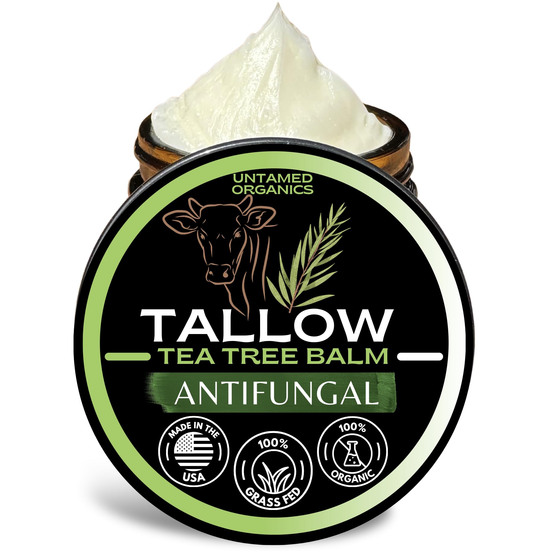Untamed Organics Tallow Antifungal Balm jar highlights fragrance-free, skin-friendly relief
