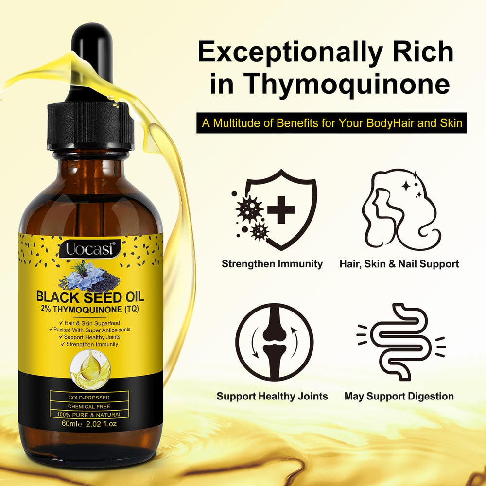Uocasi Black Seed Oil pour demonstrates easy, mess-free application for scalp nourishment.
