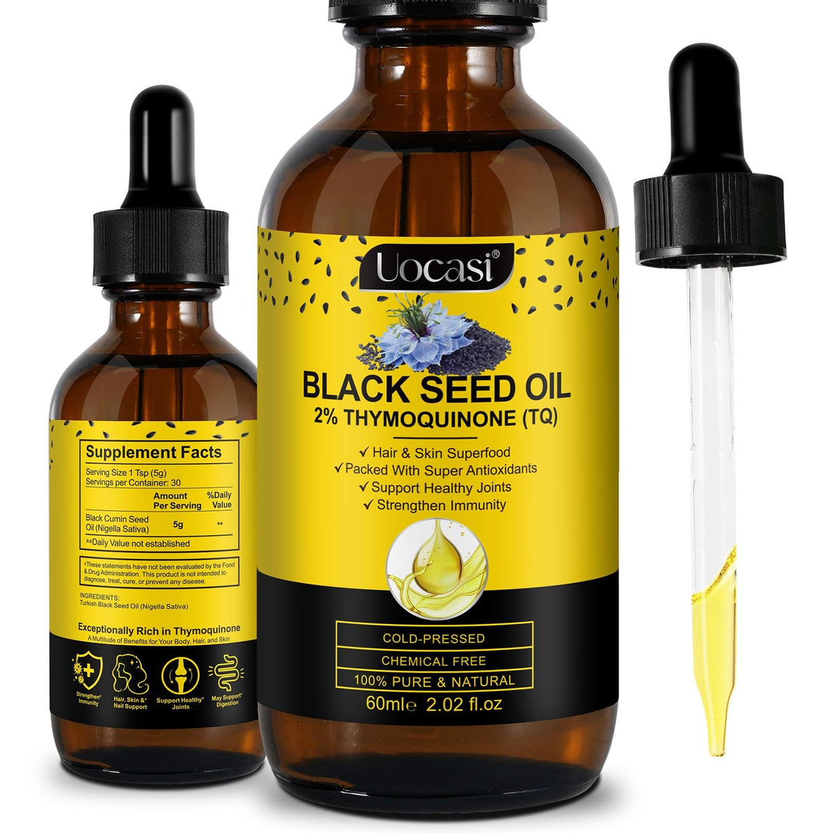 Uocasi Black Seed Oil bottle shows a pure, natural formula for daily skin and hair care.