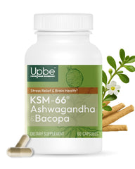 Upbe Ashwagandha bottle front view highlighting a vegan supplement for daily stress support