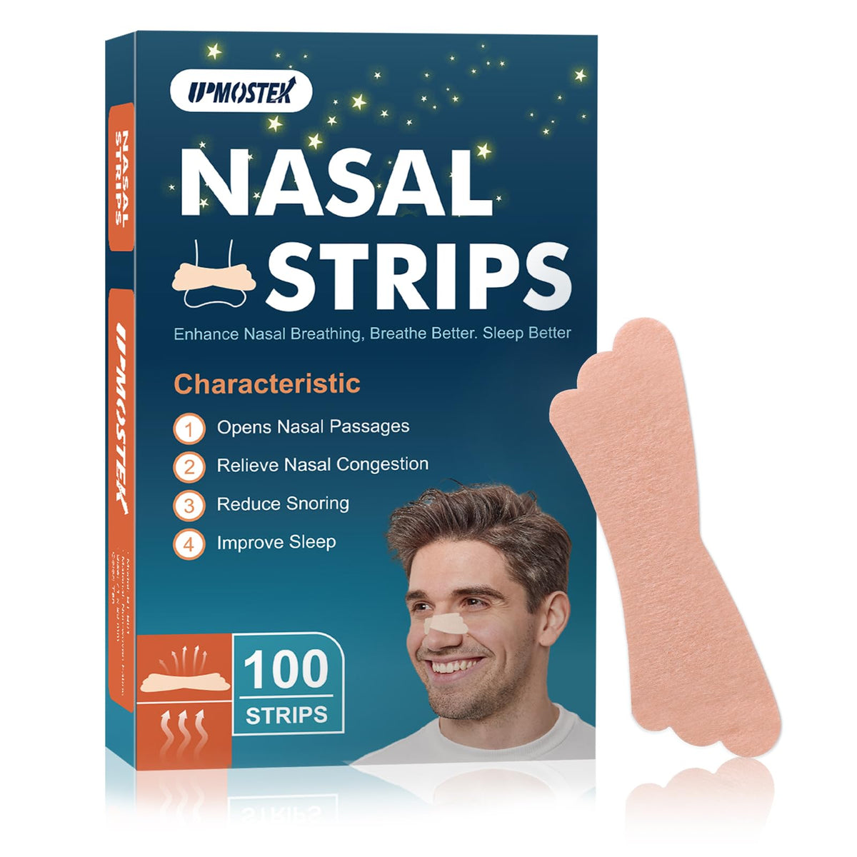 UPMOSTEK nasal strip packaging showing convenient 100-pack for sleep and travel.