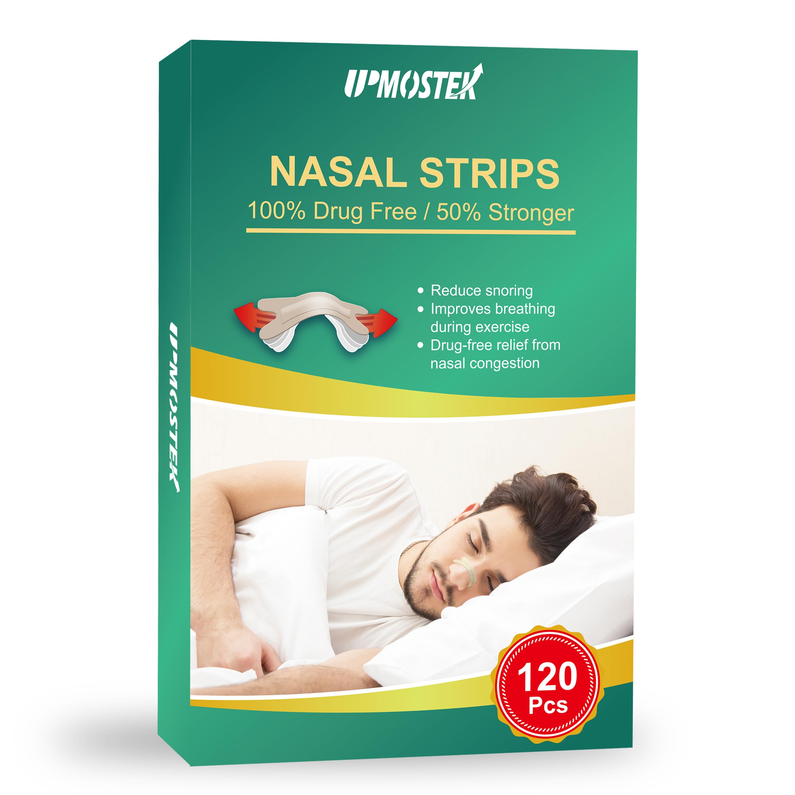 UPMOSTEK nasal strips packaging shows 120-count box for easier breathing at night