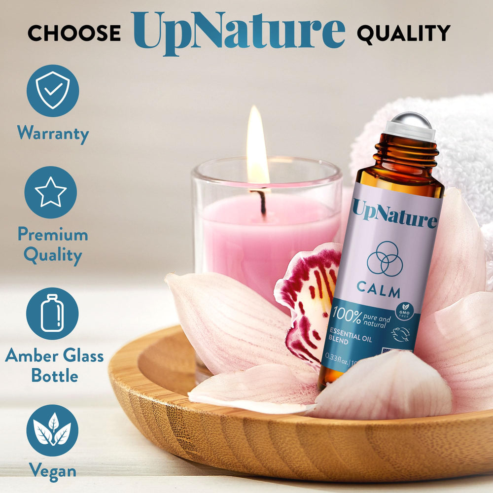 UpNature Calm essential oil label highlighting ingredients and natural formulation