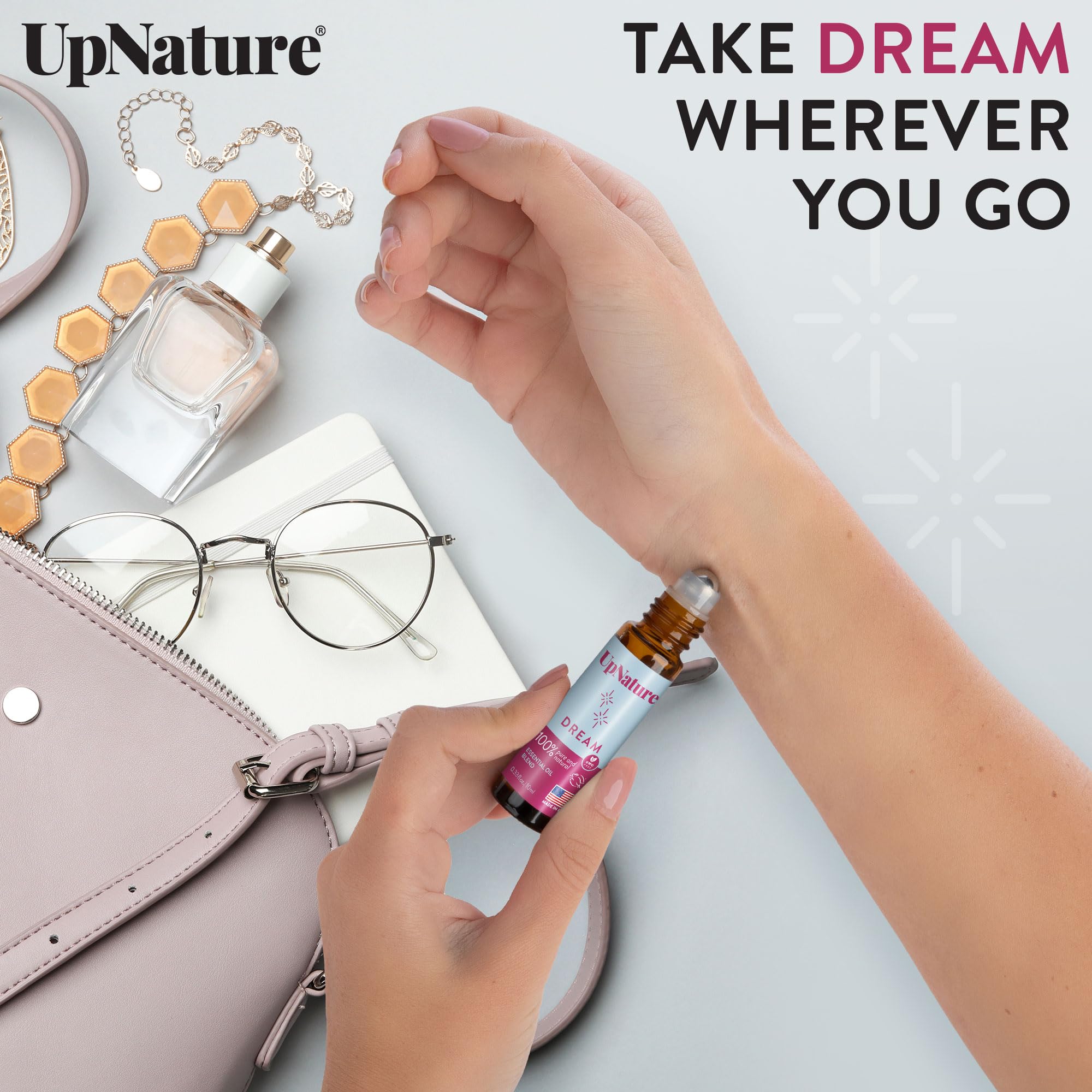 UpNature Dream Sleep roll-on on neck for relaxing aroma at bedtime.