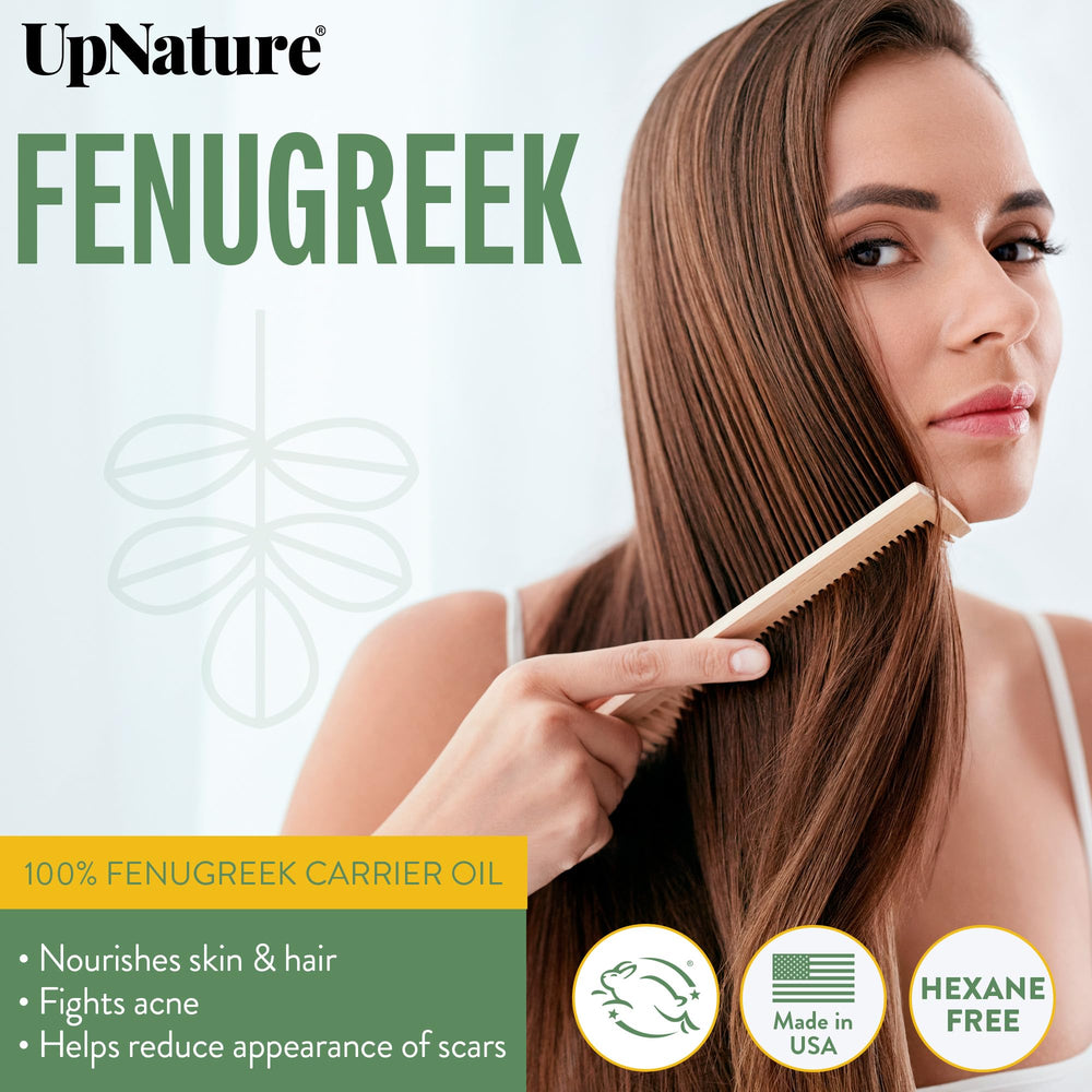UpNature Fenugreek Oil label close-up highlights purity and USA packaging.
