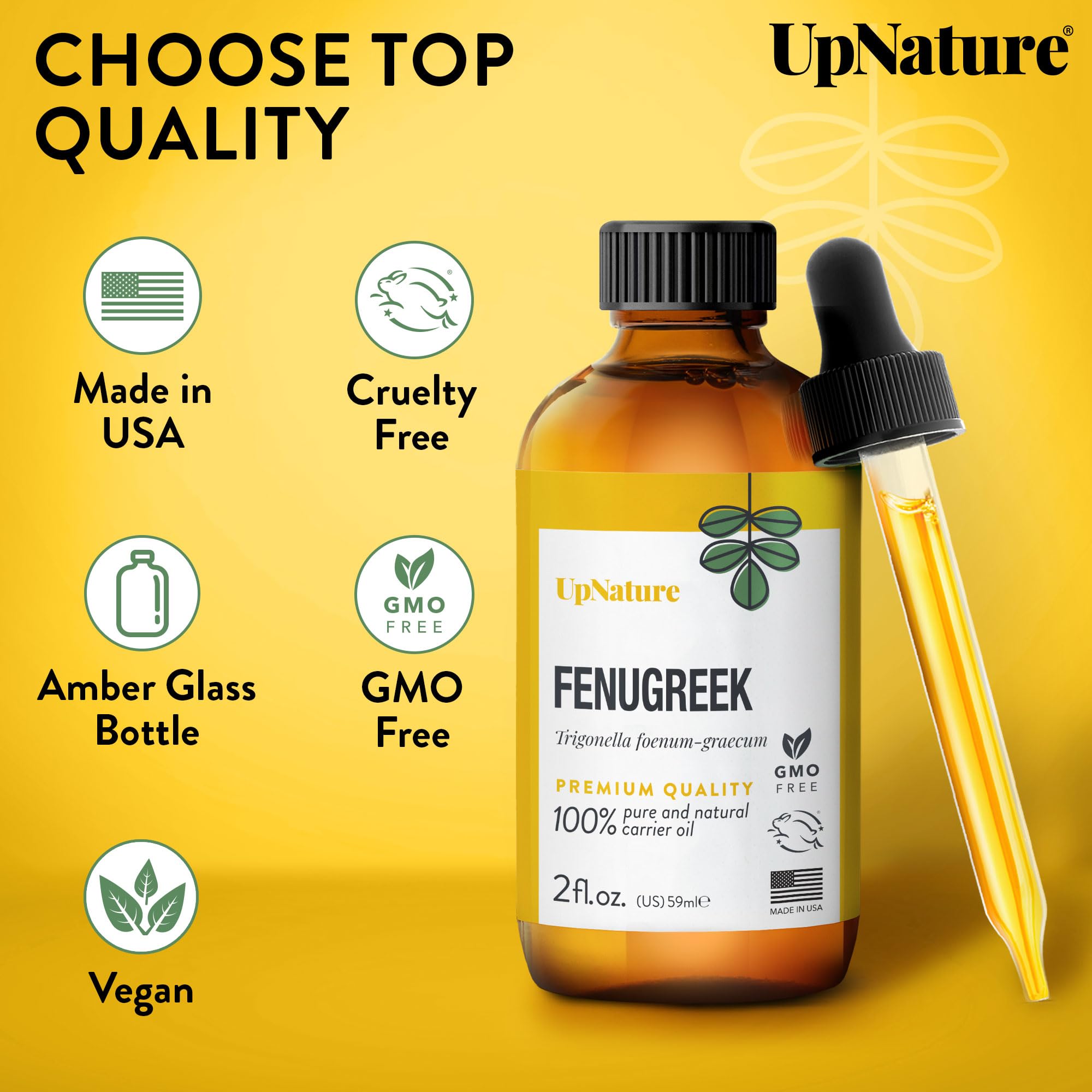 UpNature Fenugreek Oil packaging USA emphasizes ethical sourcing and quality.