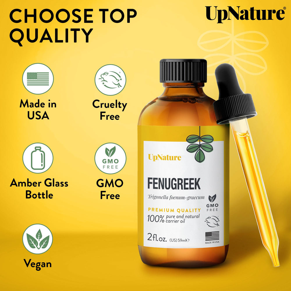 UpNature Fenugreek Oil packaging USA emphasizes ethical sourcing and quality.