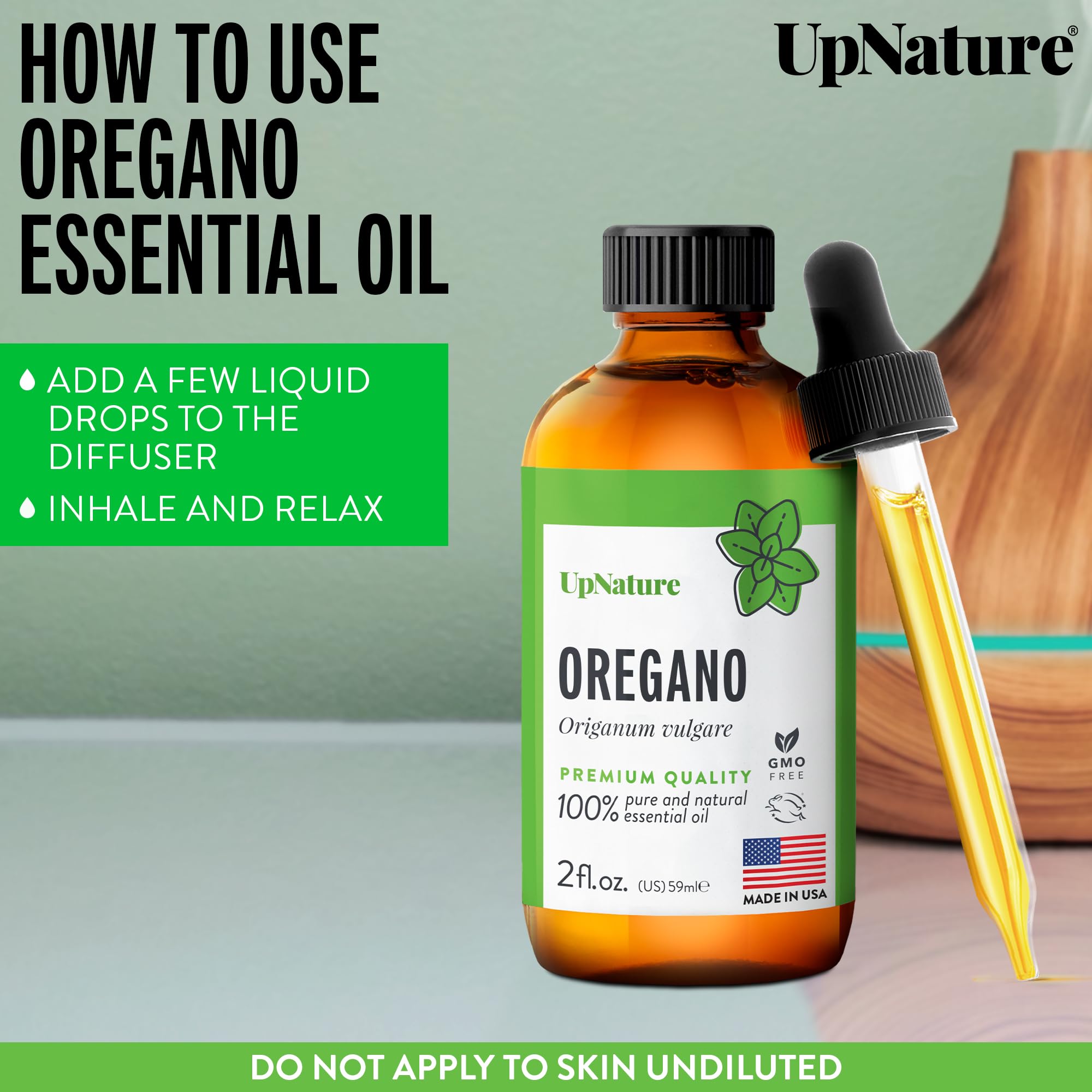UpNature Oregano Oil packaging emphasizes USA-made production and purity.