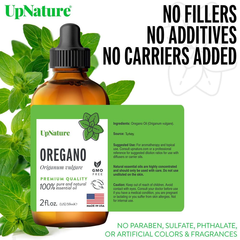 UpNature Oregano Oil bottle with diffuser in background for calming ambience.