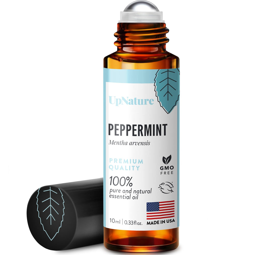 UpNature Peppermint Roll-On bottle shown for portable nausea relief