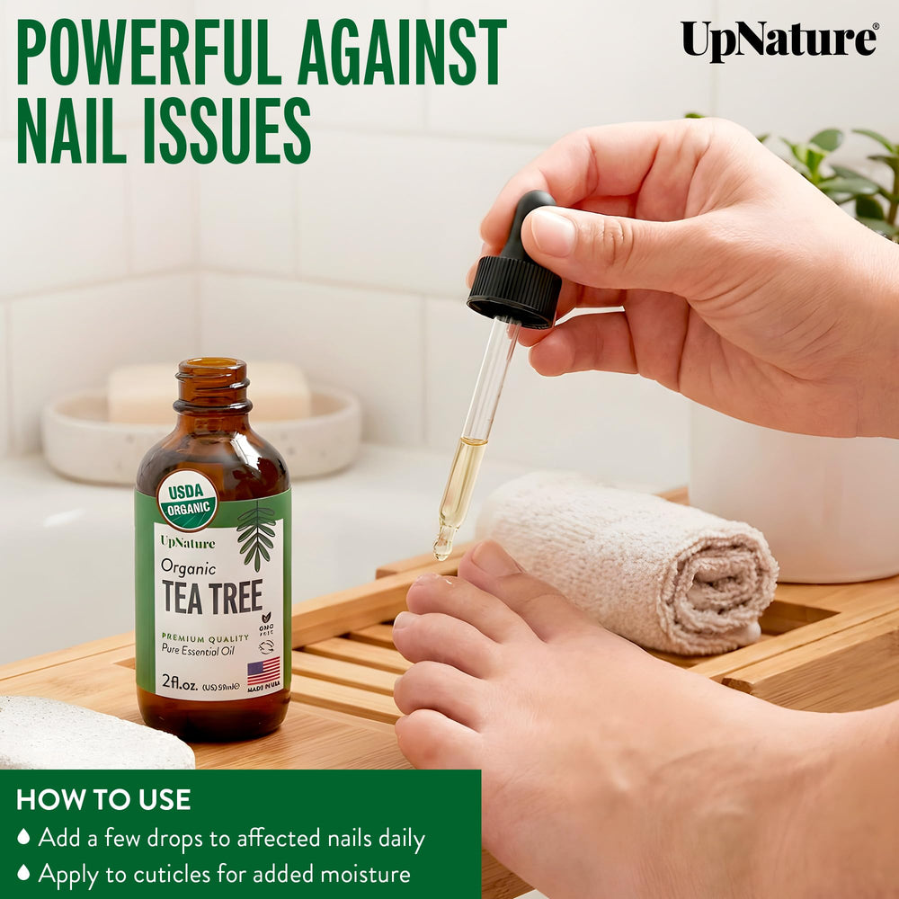 UpNature Tea Tree Oil used in skin care for smoothing and gentle maintenance.