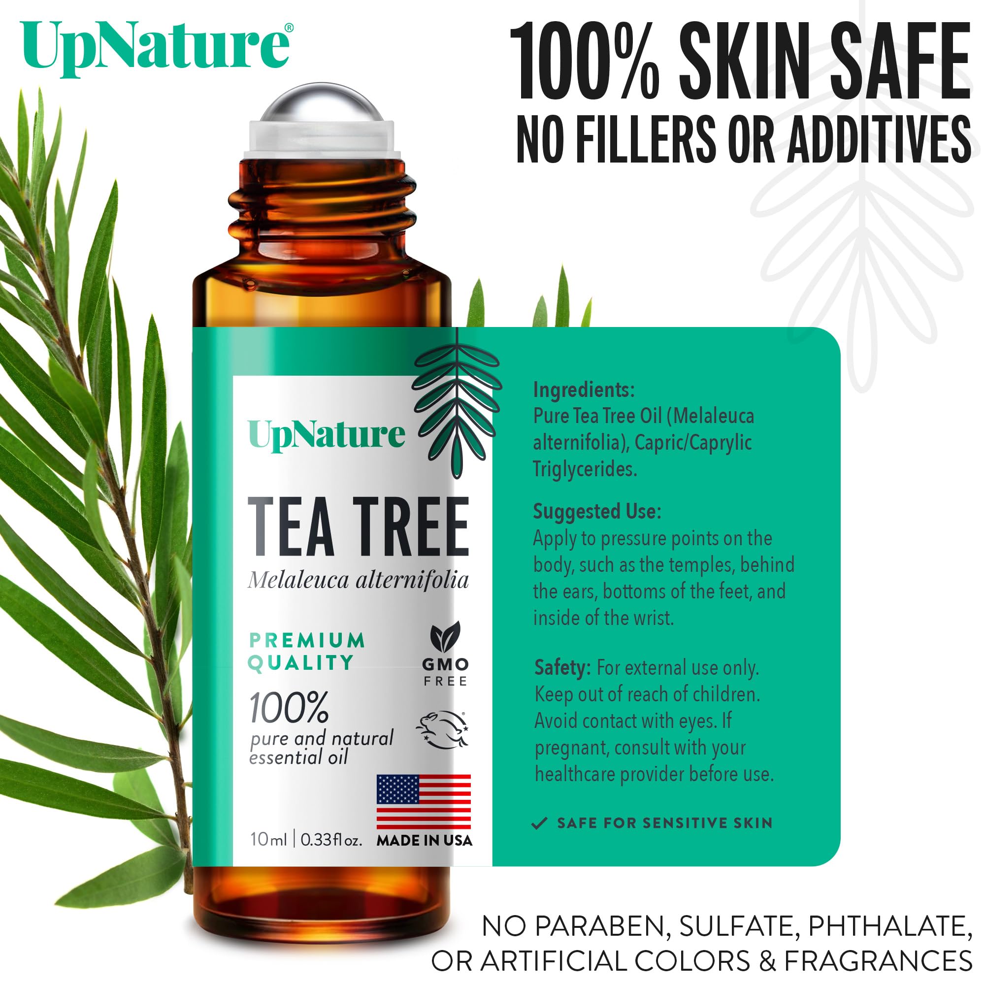 UpNature Tea Tree Roll-On application demonstrates precise spot treatment on skin