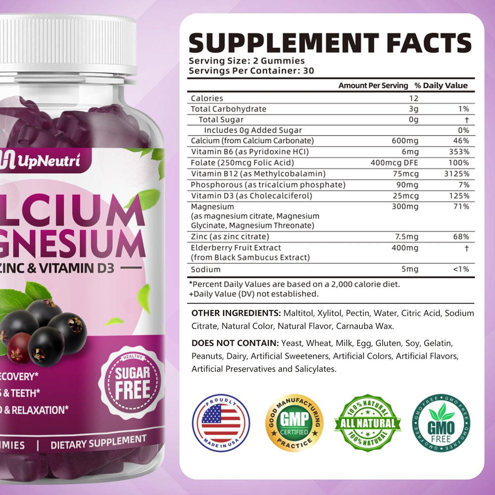 UPNEUTRI calcium bottle label close-up shows high absorption minerals and vitamin D3