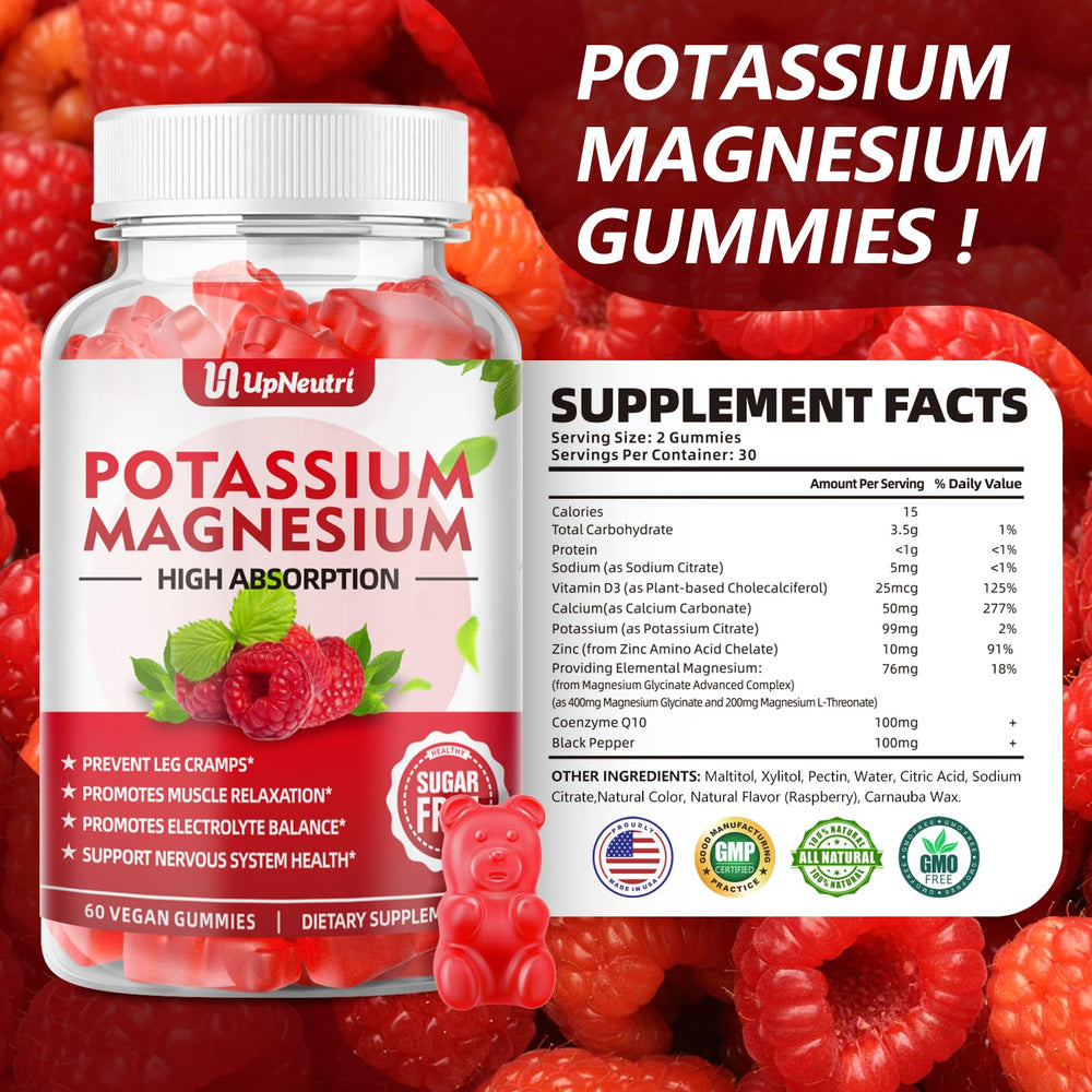 UPNEUTRI potassium magnesium gummies raspberry ingredients closeup highlights natural minerals and clean composition