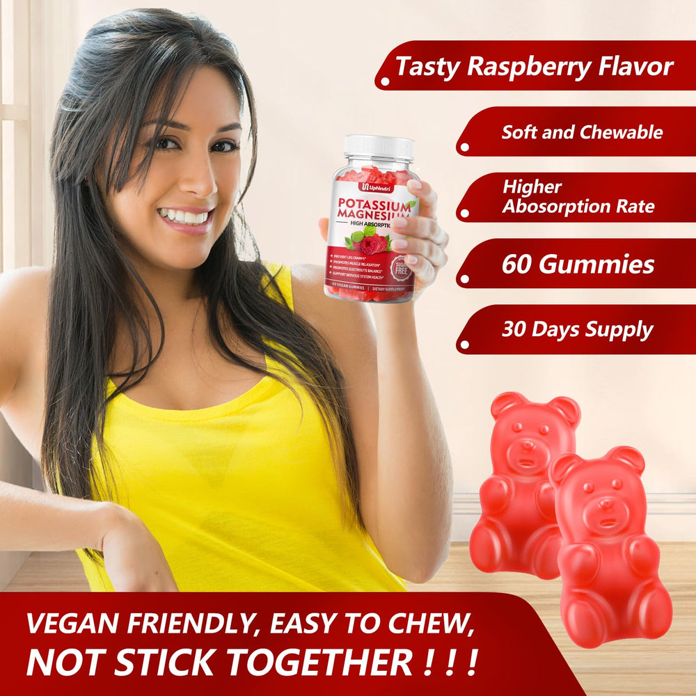 UPNEUTRI potassium magnesium gummies raspberry kids dosing illustration suggests 1 gummy for younger users