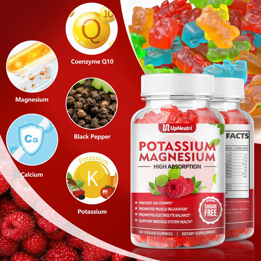 UPNEUTRI potassium magnesium gummies raspberry packaging demonstrates a vegan, non-GMO option that fits snack time