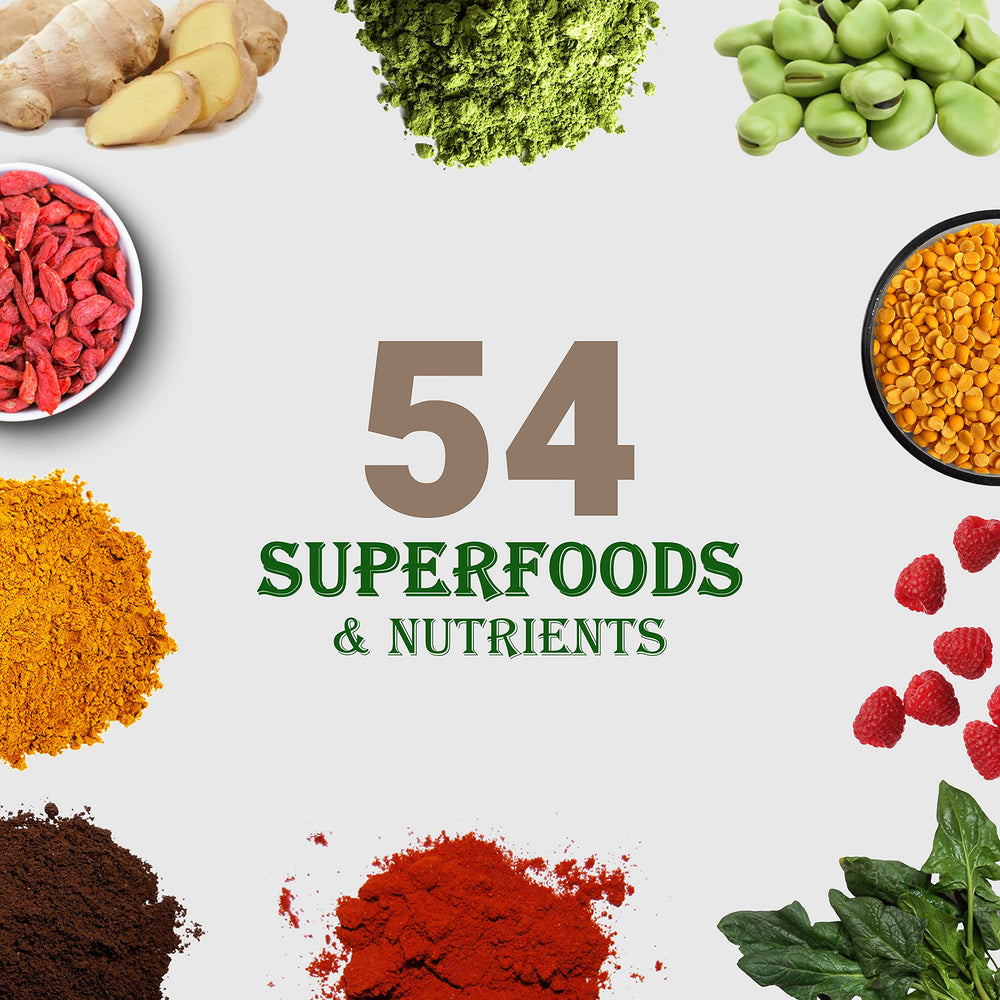 Close-up of 54 superfoods blend from UpNourish showing varied vitamins.