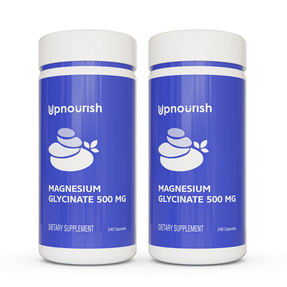 UpNourish chelated magnesium glycinate bottle showcasing easy-to-swallow capsules for daily calm.