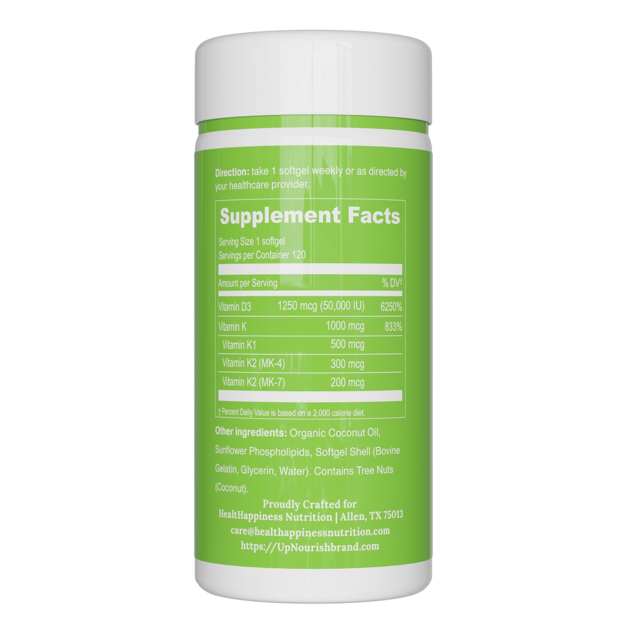 UpNourish D3-K2 bottle illustrates bone-support potential with convenient weekly administration.