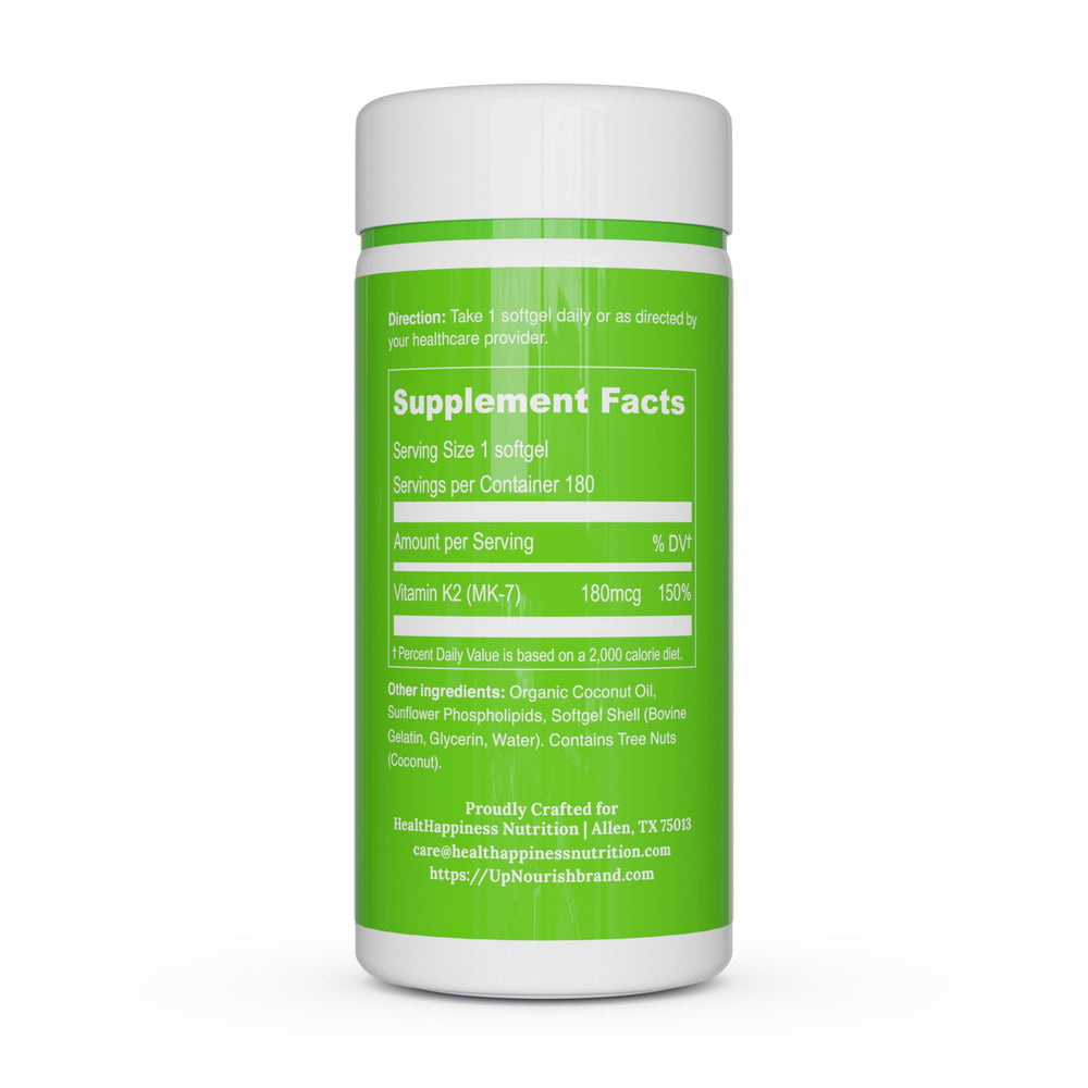 UpNourish daily-use routine with liposomal K2 MK7 bottle on a bedside table.
