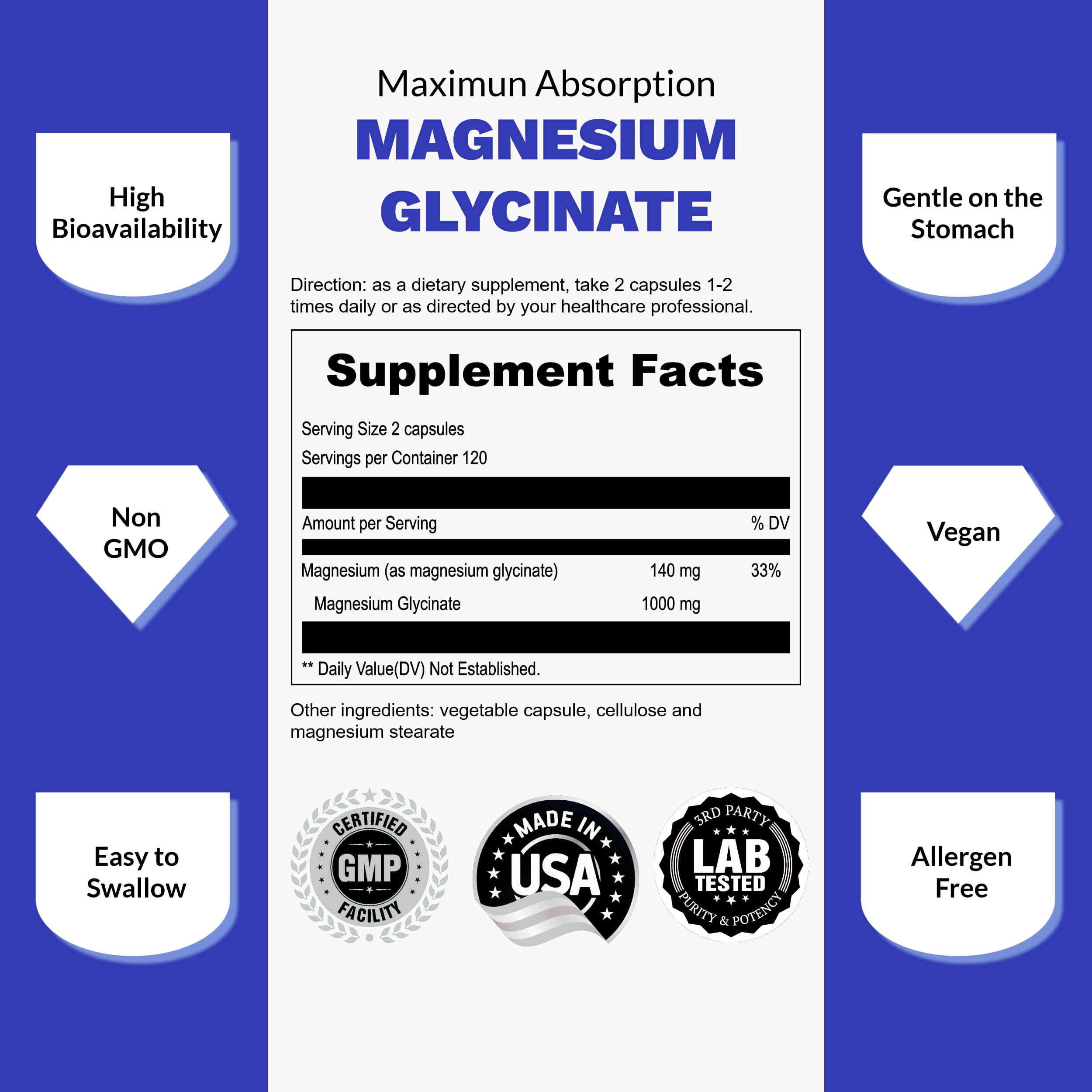 Gut-friendly care from UpNourish magnesium glycinate suitable for daily use.
