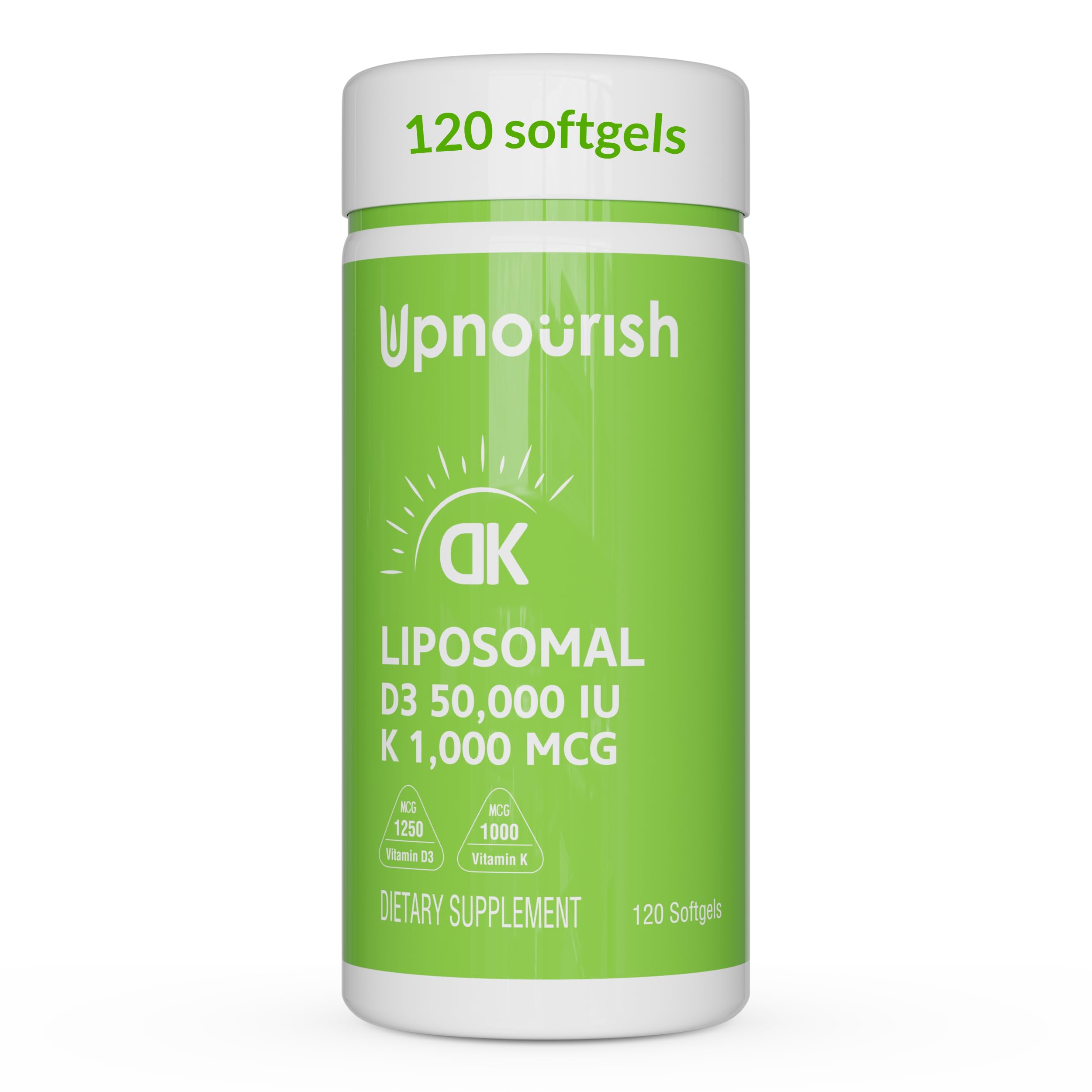 UpNourish Liposomal D3 50,000 IU bottle shows high-dose delivery with weekly dosing.