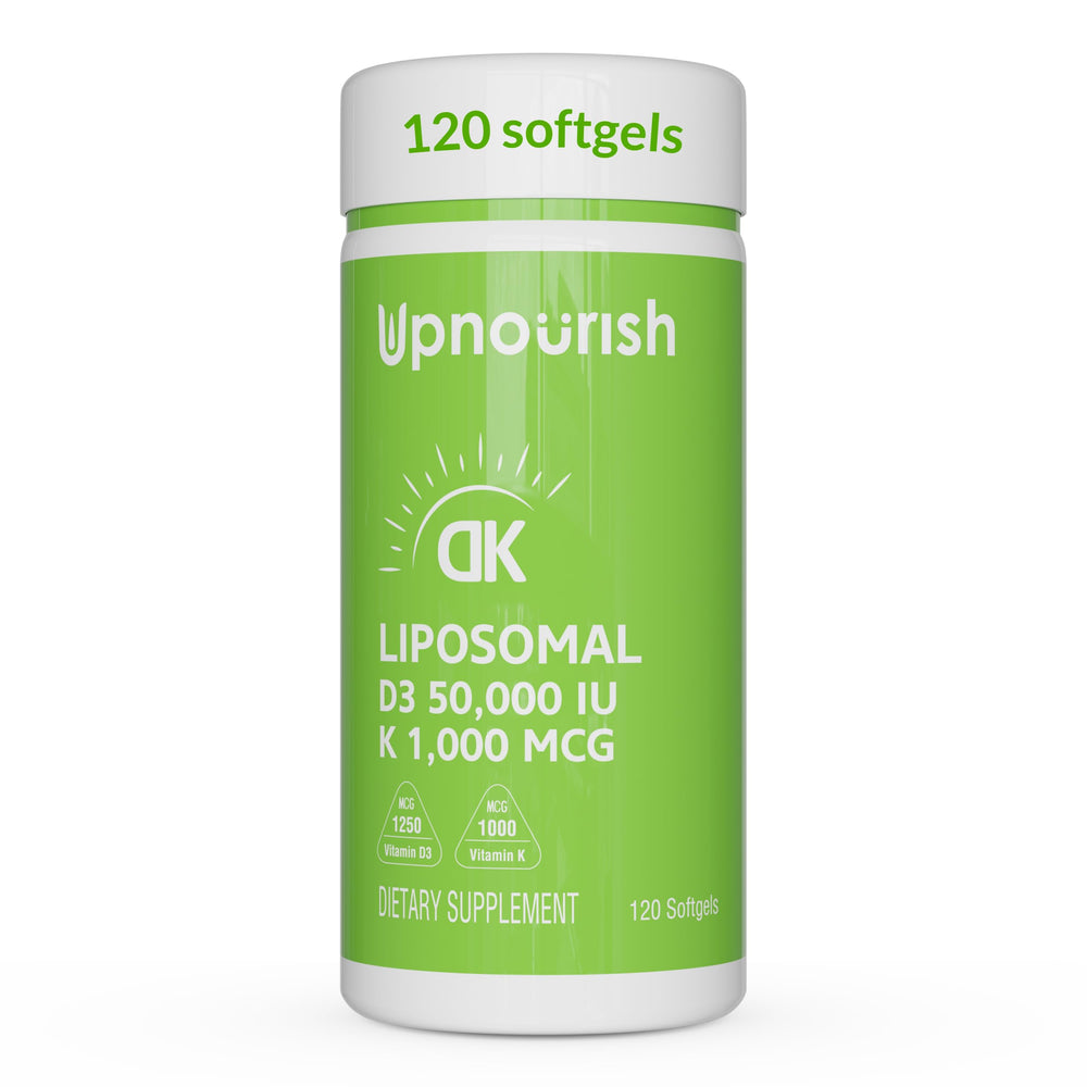 UpNourish Liposomal D3 50,000 IU bottle shows high-dose delivery with weekly dosing.