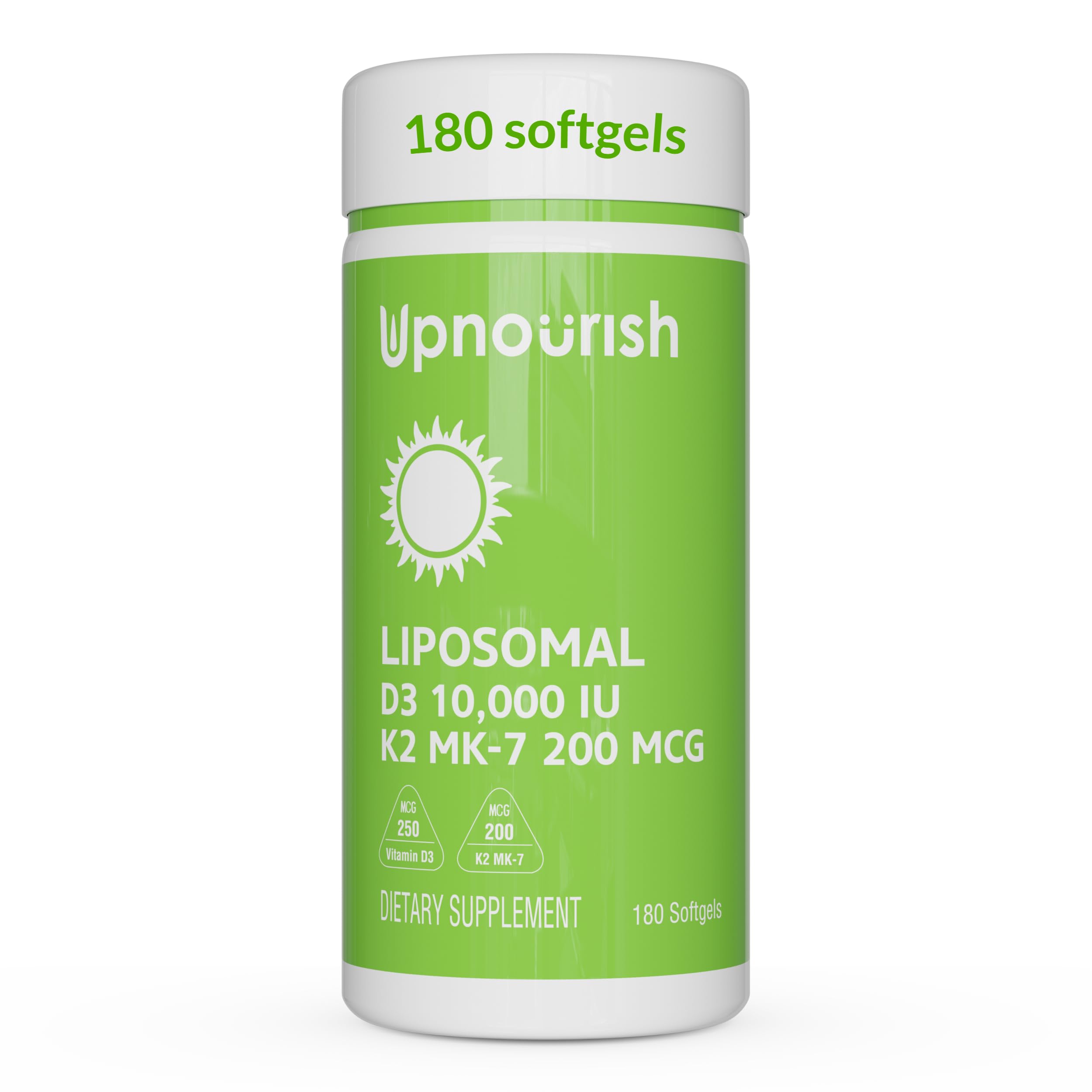 UpNourish liposomal D3 K2 bottle showing high absorption formula for calcium use