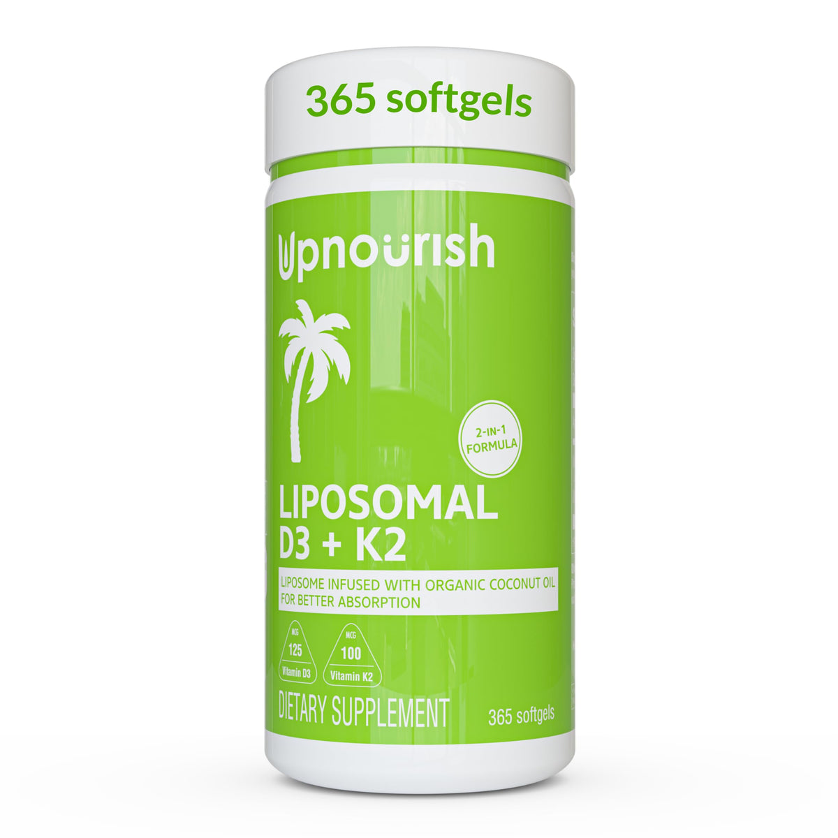 UpNourish Liposomal D3 K2 MK-7 bottle label highlights premium calcium support and absorption.