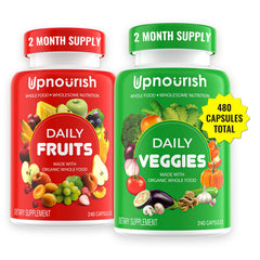 UpNourish organic fruits and veggies capsules bottle pour for daily balance.