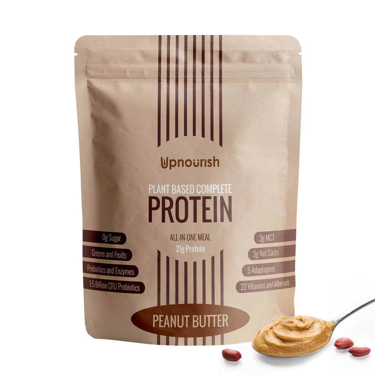 UpNourish peanut butter vegan protein powder tub for dairy-free vegan meals.