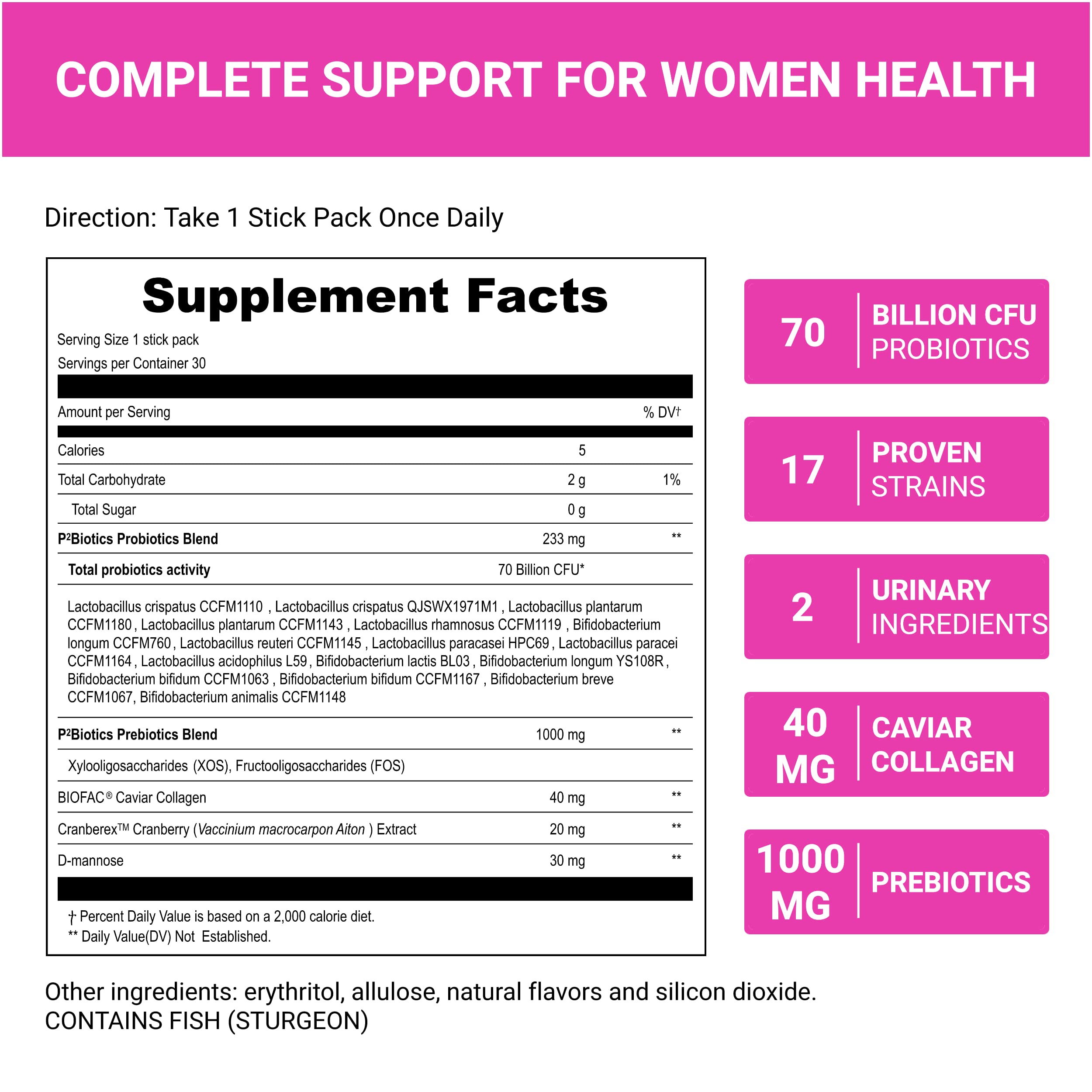 UpNourish Probiotics bottle with cranberry extract and D-Mannose ingredients list.