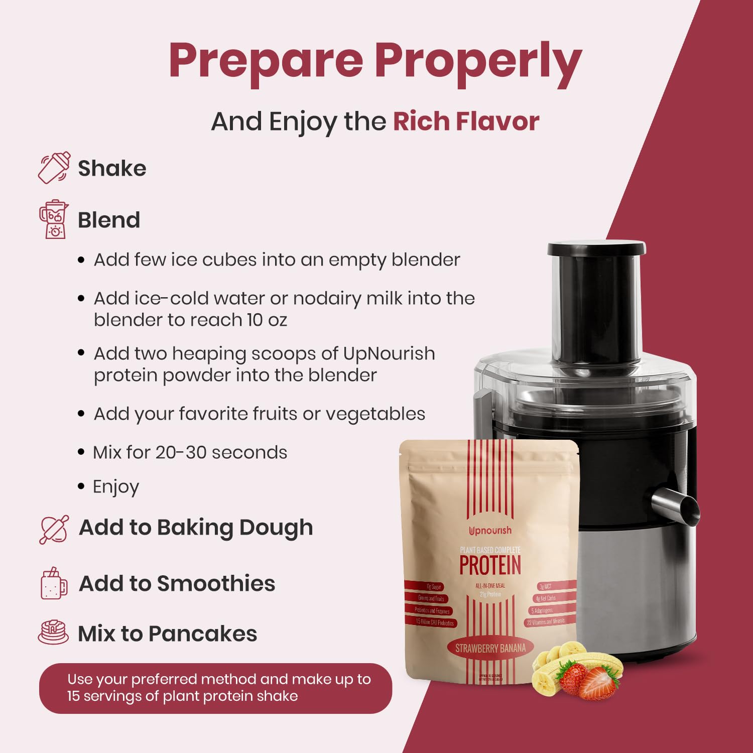 Powder being poured into a blender for a smoothie with UpNourish branding