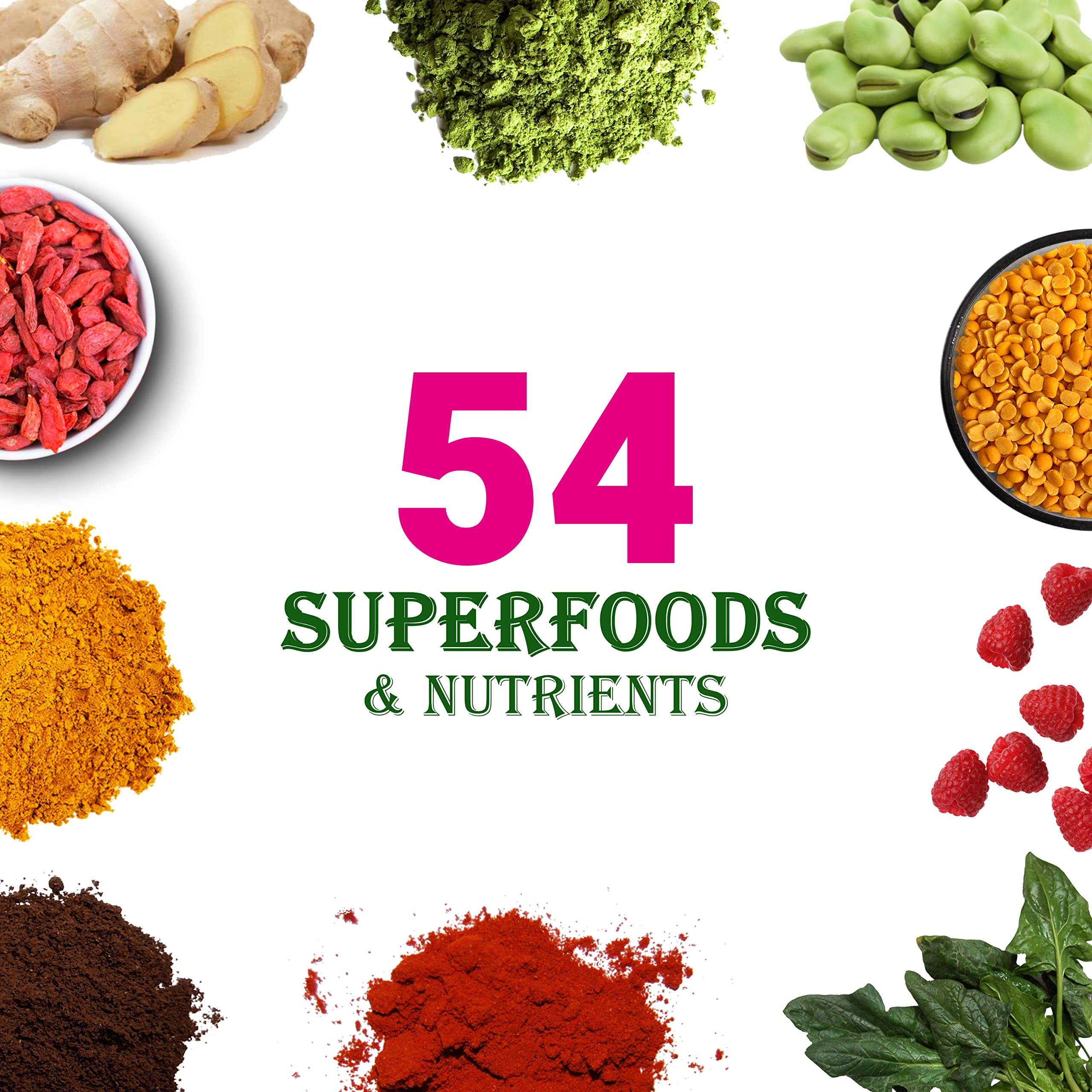 Close-up of UpNourish bottle label highlighting 54 superfoods and probiotics