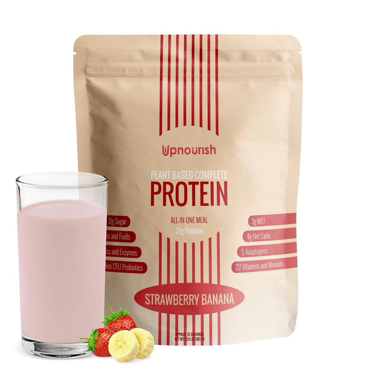 UpNourish strawberry banana vegan protein powder bottle showing dairy-free formula and nutrition
